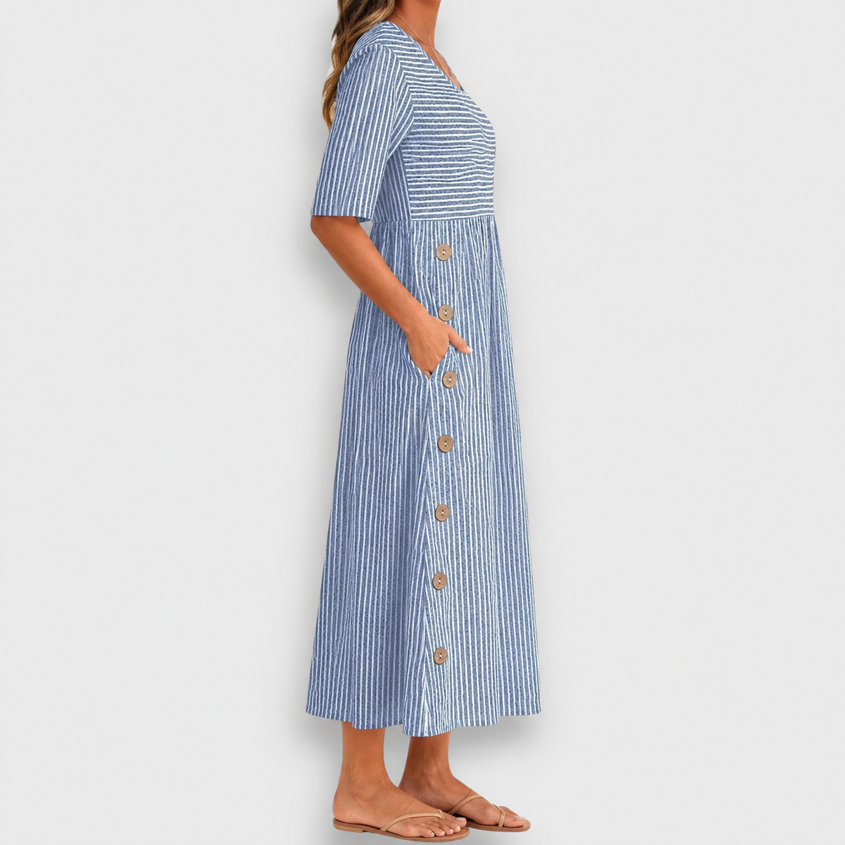 Cecily | Striped Button-Detail Midi Dress with Pockets