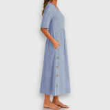Cecily | Striped Button-Detail Midi Dress with Pockets