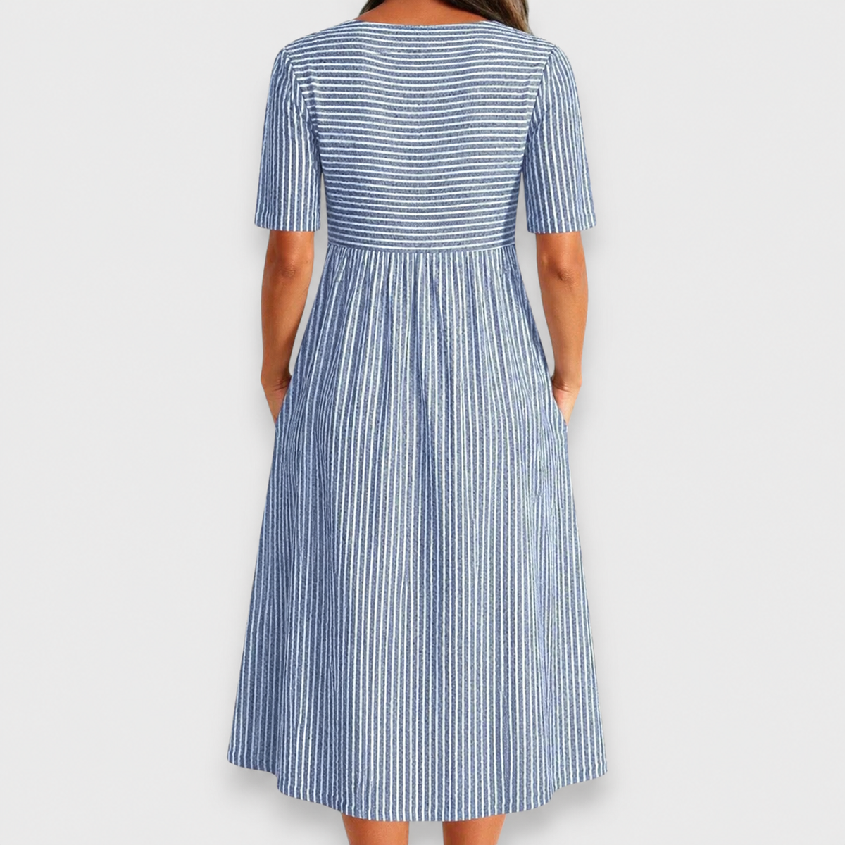 Cecily | Striped Button-Detail Midi Dress with Pockets