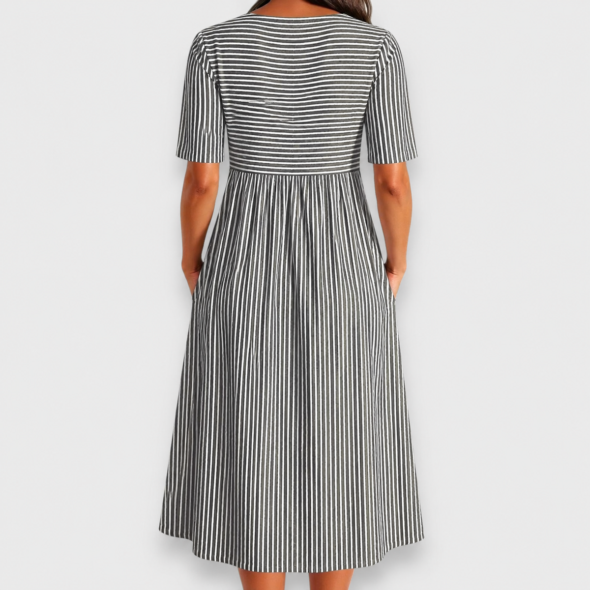 Cecily | Striped Button-Detail Midi Dress with Pockets