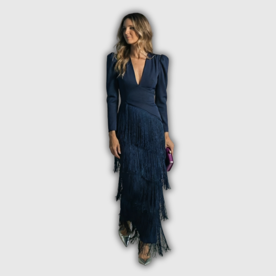 Clara | Elegant Long-Sleeve Fringe Maxi Dress