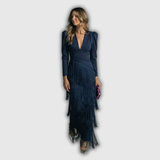 Clara | Elegant Long-Sleeve Fringe Maxi Dress