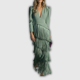 Clara | Elegant Long-Sleeve Fringe Maxi Dress
