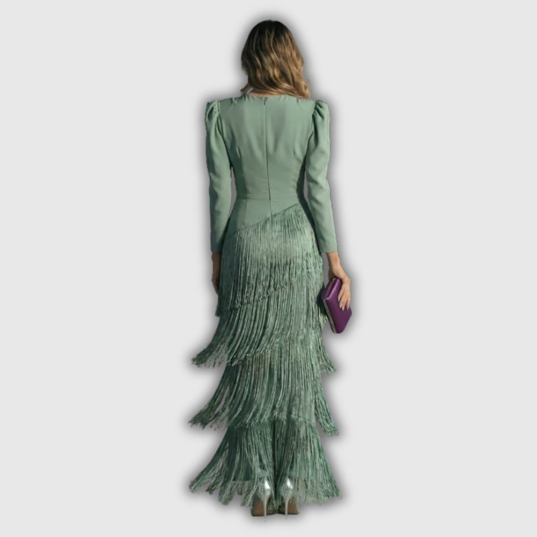 Clara | Elegant Long-Sleeve Fringe Maxi Dress