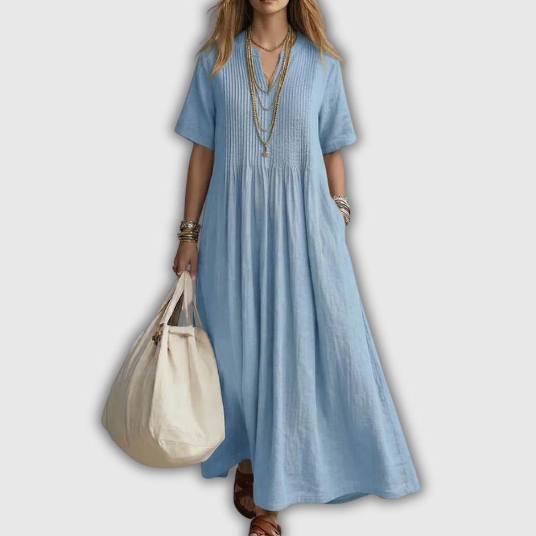 Elowen | Pintuck V-Neck Linen Maxi Dress