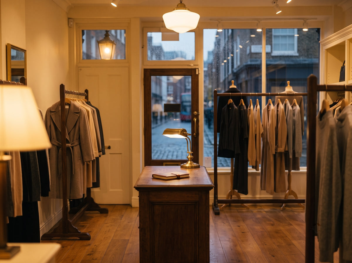 Interior of the Grace London boutique with rails of coats and dresses