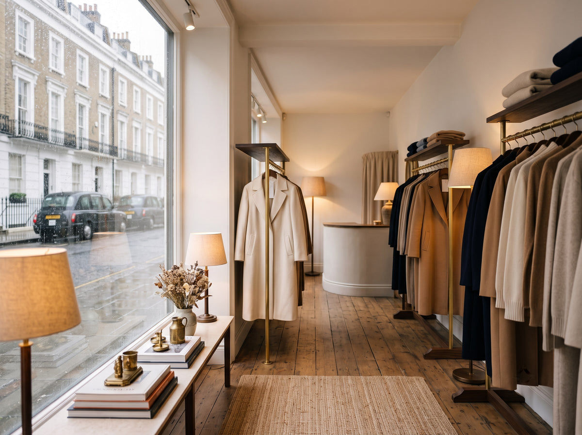 Interior of the Grace London boutique with rails of coats and knitwear