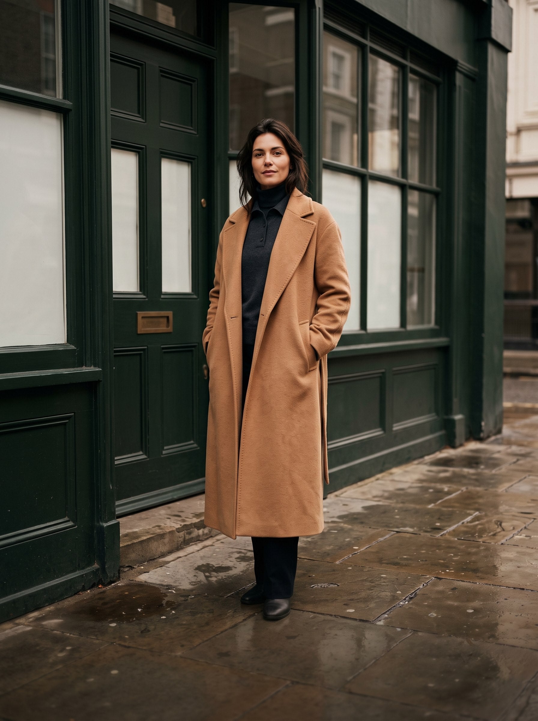Woman wearing a long camel wool coat in front of a shopfront