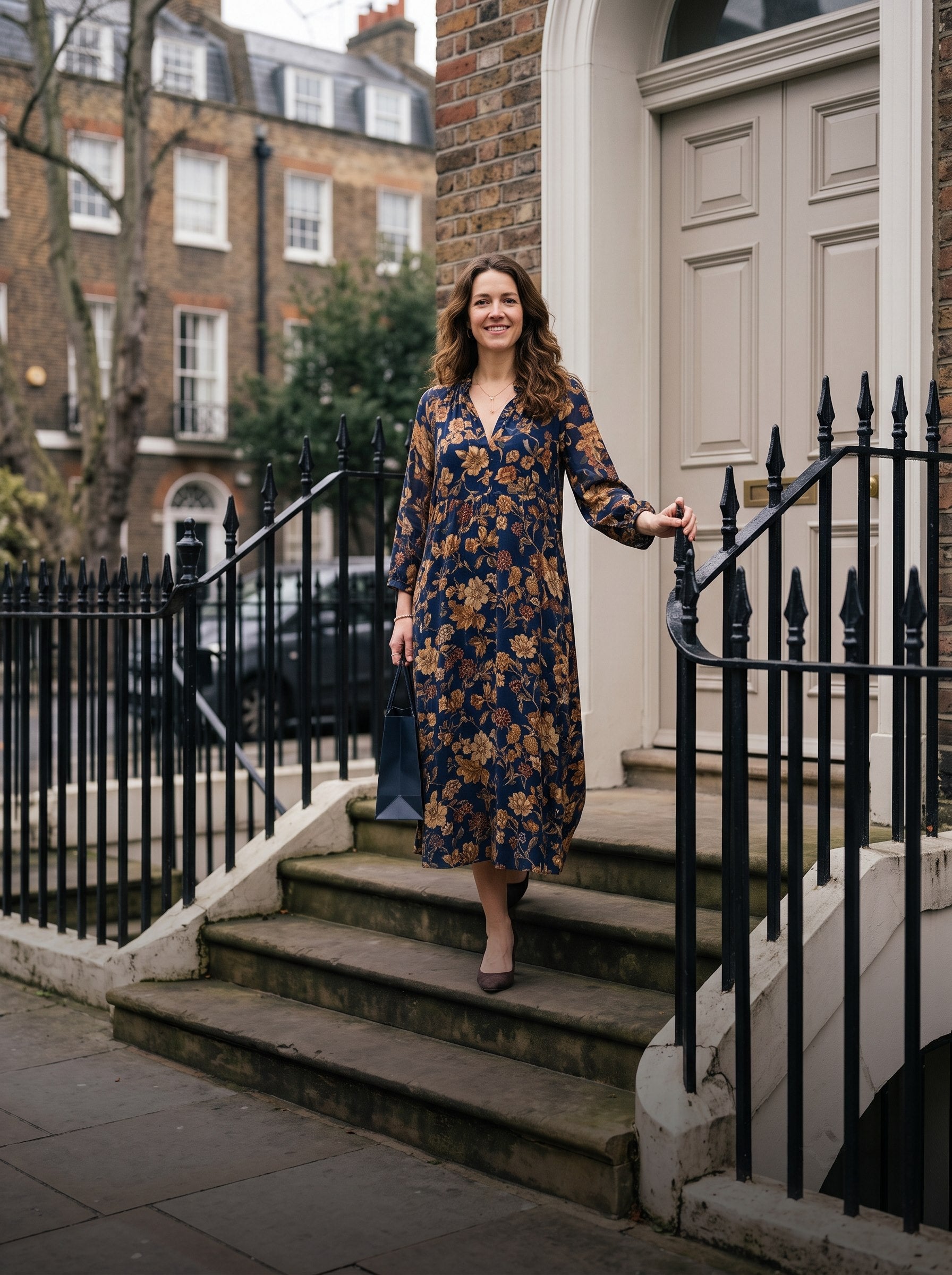 Woman wearing a floral midi dress on London townhouse steps