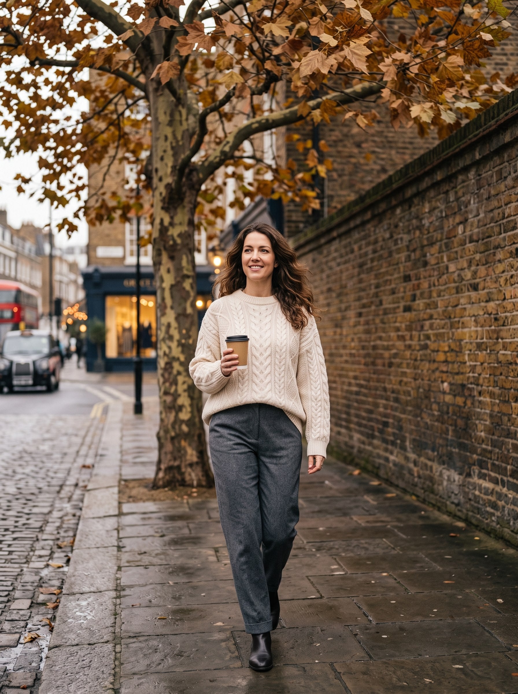 Woman wearing a cream cable-knit jumper on an autumn London street