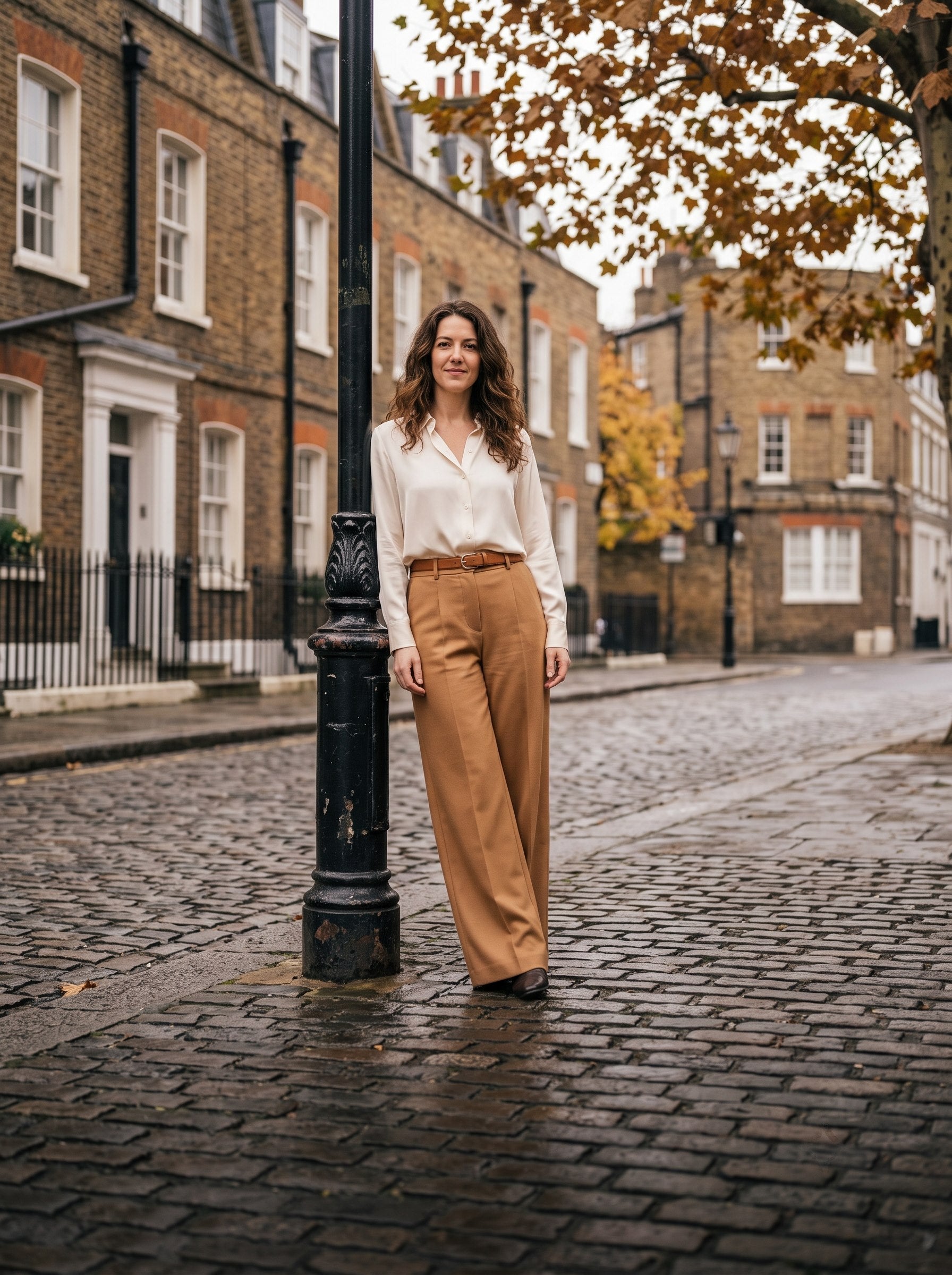 Woman wearing camel wide-leg trousers on a cobbled London street