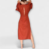 Holly - Casual Dress with V-Neck in Cotton-Linen Blend with Tie