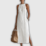 Jimena | Cotton Linen Midi Dress with Mandarin Collar