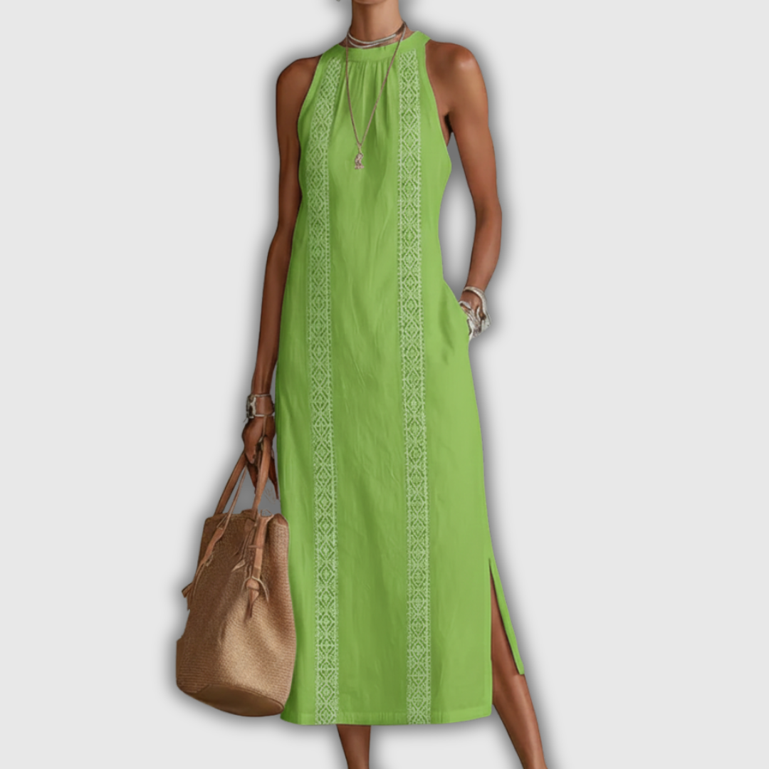 Jimena | Cotton Linen Midi Dress with Mandarin Collar