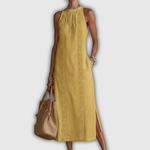 Jimena | Cotton Linen Midi Dress with Mandarin Collar