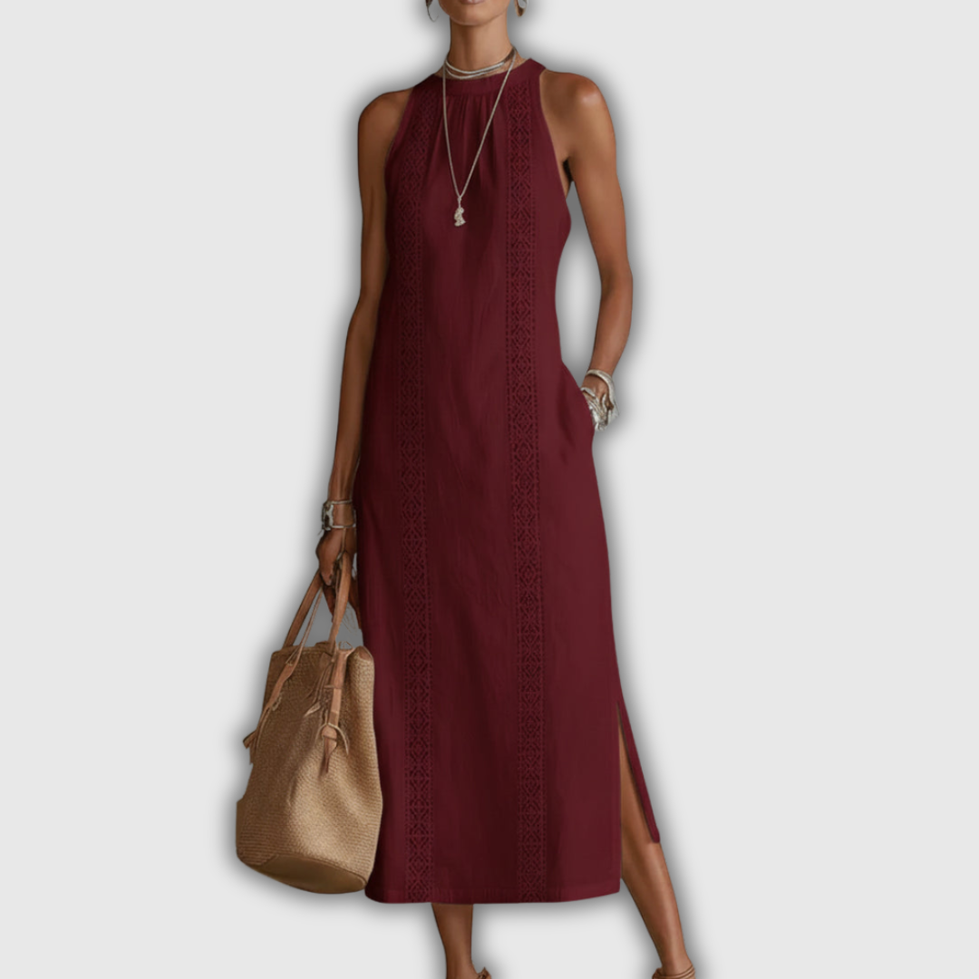 Jimena | Cotton Linen Midi Dress with Mandarin Collar