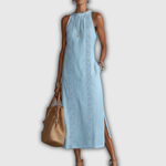 Jimena | Cotton Linen Midi Dress with Mandarin Collar