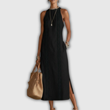 Jimena | Cotton Linen Midi Dress with Mandarin Collar