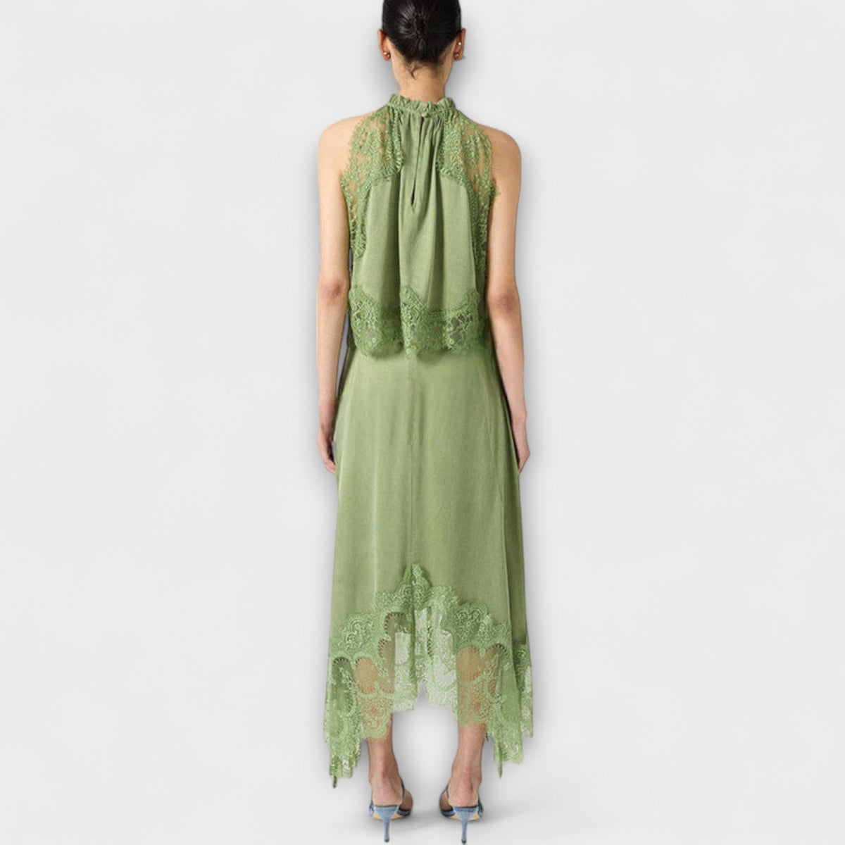 Kaia - Satin Blouse with Lace Trim and Pleated Neckline in Set