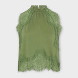 Kaia - Satin Blouse with Lace Trim and Pleated Neckline in Set