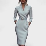 Kate | Refined black dress with belt and mandarin collar