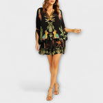 Linda - Off-Shoulder Dress with Asymmetrical Shoulder and Palm Print
