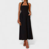 Lydia - Mid-Length Black Halter Dress with Waist Detail