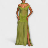 Nicole - Olive Green Maxi Dress with V-Neck