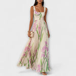 Rosalind | Pleated Floral Chiffon Maxi Dress with Waist Belt