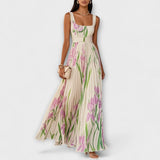 Rosalind | Pleated Floral Chiffon Maxi Dress with Waist Belt