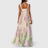 Rosalind | Pleated Floral Chiffon Maxi Dress with Waist Belt