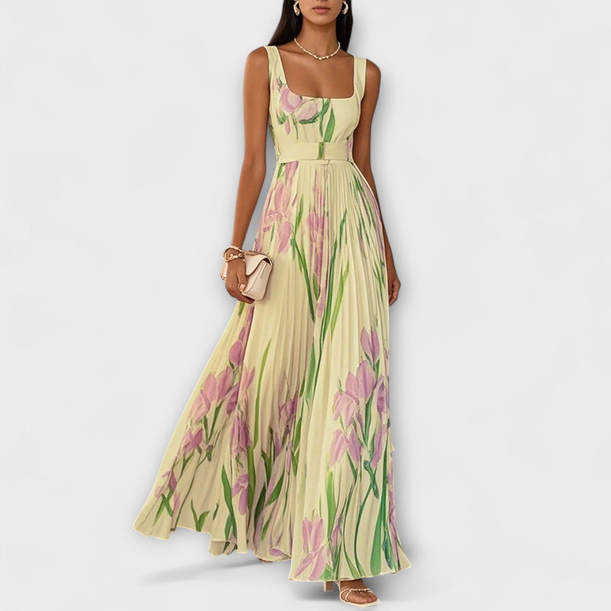 Rosalind | Pleated Floral Chiffon Maxi Dress with Waist Belt
