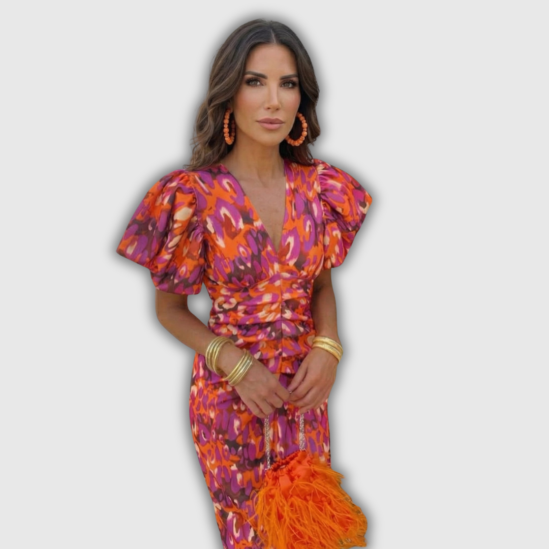 Vera | Floral Wrap-Front Midi Dress with Puff Sleeves
